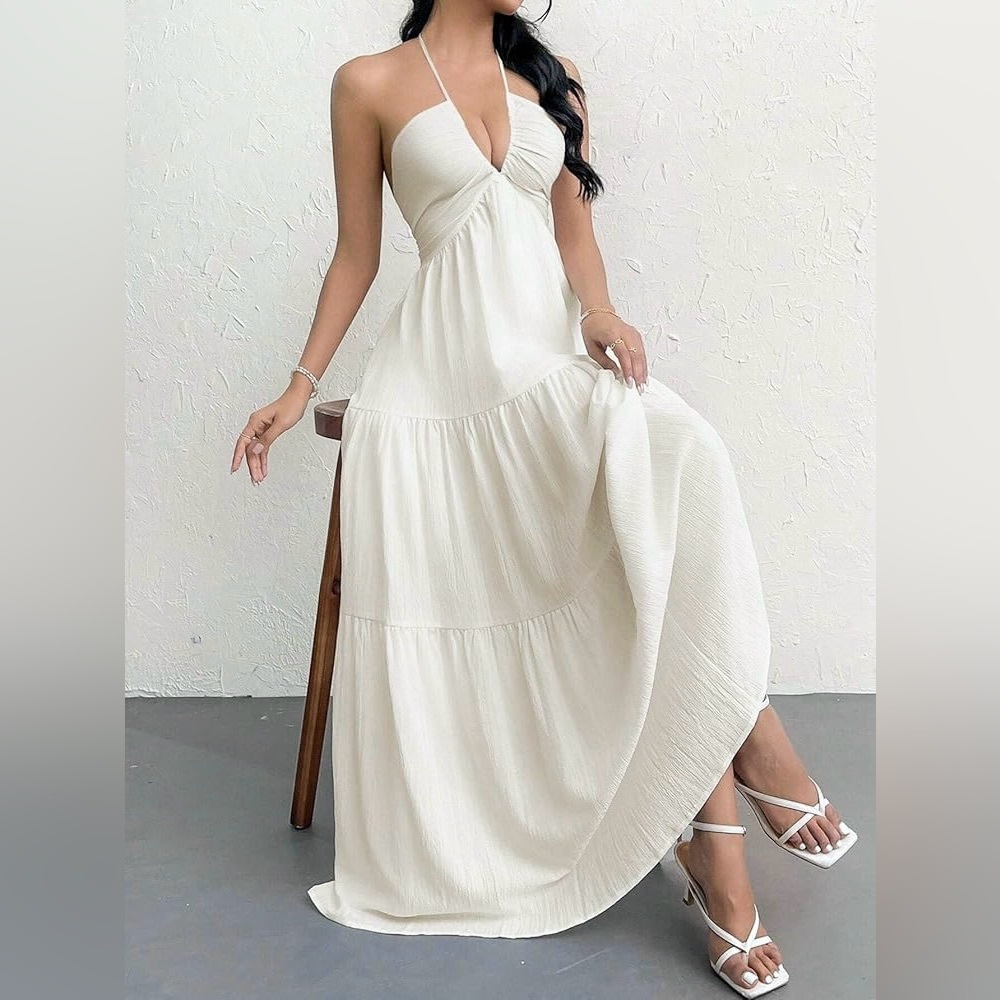 White Linen Halter Beach Wedding Maxi Dress - XS